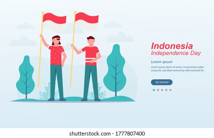 Happy indonesia Independence Day, 17 august 1945, celebrations with playing traditional game, cracker eating, sack races, spoon race, tug of war, Suitable for web landing page, social media post, ui, 