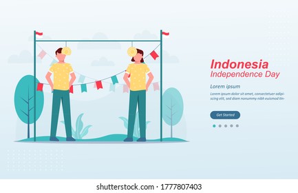 Happy indonesia Independence Day, 17 august 1945, celebrations with playing traditional game, cracker eating, sack races, spoon race, tug of war, Suitable for web landing page, social media post, ui, 