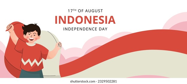 happy indonesia independence day with happy boy bring red white flag