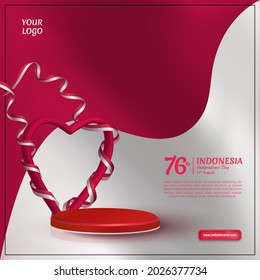 Happy Indonesia Independence Day celebration social media flyer template with heart wrapped in ribbon flag and 3d podium