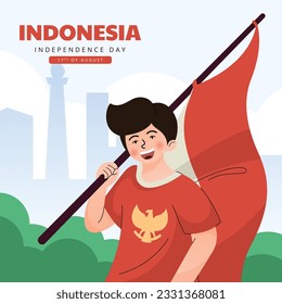 happy indonesia independence day with happy cute boy bring flag. 78th indonesian independence day