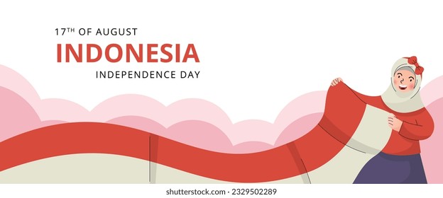 happy indonesia independence day with happy girl bring red white flag