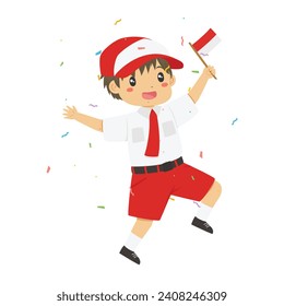 Happy Indonesia student boy holding Indonesian flag vector character.  Boy in red and white elementary school uniform holding flag celebrating Indonesia Independence day.