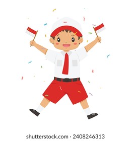 Happy Indonesia student boy holding Indonesian flags vector character.  Boy in red and white elementary school uniform holding flags in both hands, celebrating Indonesia Independence day.