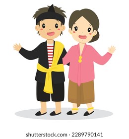 Happy Indonesian boy and girl wearing East Javanese traditional dress and waving their hands cartoon vector.
Indonesia traditional clothes flat vector design.