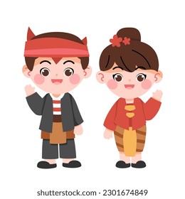 Feliz niño y niña indonesio usando vestido tradicional de Java Oriental y ondeando su vector de dibujos animados. Diseño tradicional de vectores planos de ropa de Indonesia.