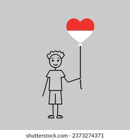 happy indonesian boy, love Indonesia sketch, male character with a heart shaped balloon, black line vector illustration