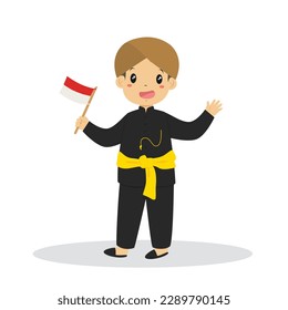 Happy Indonesian boy wearing Betawi, Jakarta traditional dress  and holding an Indonesian flag cartoon vector.
Indonesia traditional clothes flat vector design.