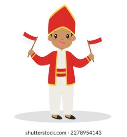 Happy Indonesian boy wearing Maluku traditional dress, holding an Indonesian flags on both hands cartoon vector.
Indonesia traditional clothes flat vector design.