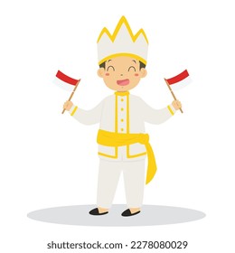 Happy Indonesian boy wearing North Sulawesi traditional dress and holding an Indonesian flags in both hands cartoon vector.
Indonesia traditional clothes flat vector design.