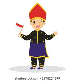 Happy Indonesian boy wearing West Nusa Tenggara traditional dress and holding an Indonesian flag cartoon vector.
Nusa Tenggara Barat, Indonesia traditional clothes flat vector design.