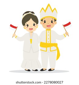 Happy Indonesian children wearing North Sulawesi traditional dress and holding an Indonesian flags in both hands cartoon vector.
Indonesia traditional clothes flat vector design.