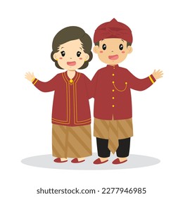 Happy Indonesian children wearing West Javanese traditional dress and waving their hands cartoon vector.
Indonesia traditional clothes flat vector design.