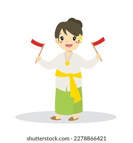 Happy Indonesian girl wearing Bali traditional dress and holding an Indonesian flags in both hands cartoon vector.
Indonesia traditional clothes flat vector design.