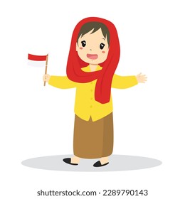 Happy Indonesian girl wearing Betawi, Jakarta traditional dress and holding an Indonesian flag cartoon vector.
Indonesia traditional clothes flat vector design.