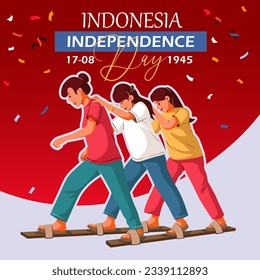 Feliz Día de la Independencia de Indonesia. 17 de agosto diseño vectorial de la ilustración de la competencia "balap bakiak". diseño de banner, afiche y folleto