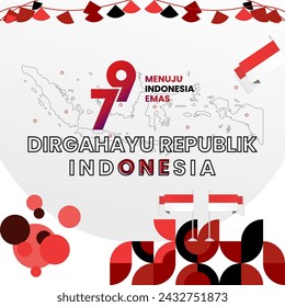 Happy Indonesian Independence Day background in geometric style. Happy Indonesia National Day cover with typography. Vector Illustration. Suitable for greeting cards, ads banner and party invitations