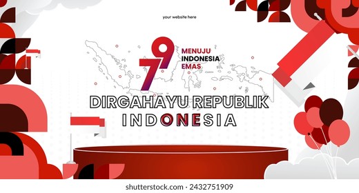 Happy Indonesian Independence Day background in geometric style. Happy Indonesia National Day cover with typography. Vector Illustration. Suitable for greeting cards, ads banner and party invitations