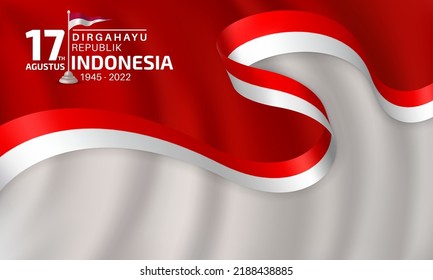 Feliz Día de la Independencia de Indonesia, plantilla de pancartas con decoración de cinta roja y blanca en fondo de ondulación gris. 