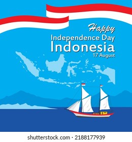 Happy Indonesian Independence Day design concept. Sailing ship illustration, blue sea, map of Indonesia and island background. flat design vector suitable for banner, background