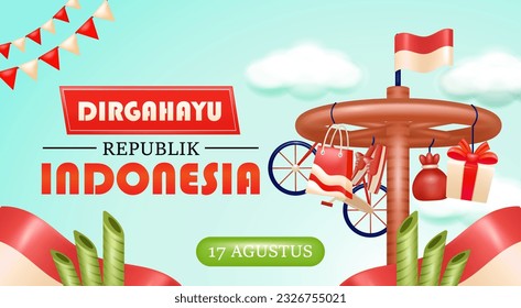 Happy Indonesian Independence Day. Red and White. August 17th. 3d illustration of pinang climbing, Indonesian flag and pointed bamboo, suitable banne for events.