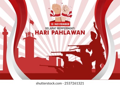 Feliz Día Nacional de los Héroes de Indonesia 2024 con la silueta de los héroes en el campo de batalla de Surabaya 10 de noviembre Anuncio de Selamat Hari Pahlawan, fondo, saludo, póster, diseño. Ilustración vectorial