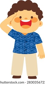 Happy Indonesian student wearing batik uniform, saluting with cheerful smile, fullbody cartoon vector illustration