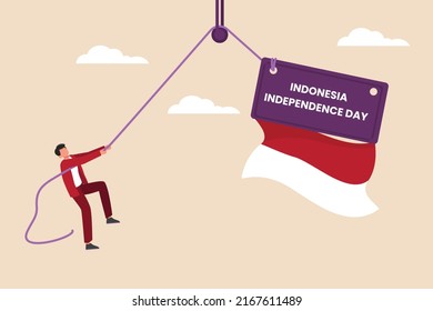 Happy Indonesian young people fly the Indonesian flag using a pulley. Indonesian Independence Day concept. Flat vector illustration isolated.