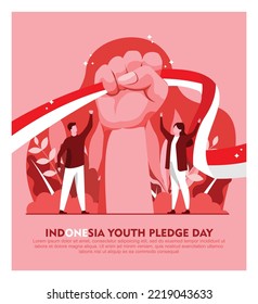 Happy Indonesian Youth Pledge Day with Hand, Indonesia Flag, and Tiny People Suitable for Greeting Card, Poster,  Banner, and Calendar