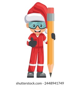 Happy industrial mechanic worker with Santa Claus hat with giant pencil showing thumb up. Creative concept for project management. Merry christmas. Industrial safety and occupational health at work
