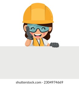 Happy industrial woman worker in his personal protective equipment holding a sign with copy space for text for advertising, presentation, brochures. Industrial safety and occupational health at work