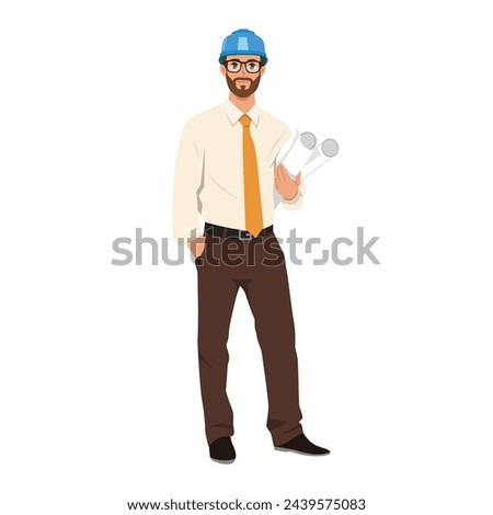 Happy industrial worker in uniform and hard hat holding building plan. Flat Vector Illustration Isolated on White Background