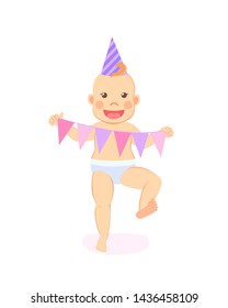 Happy infant in cone hat, garland in triangle shape paper flags isolated. Vector baby milestones, celebrating first birthday party, cartoon toddler