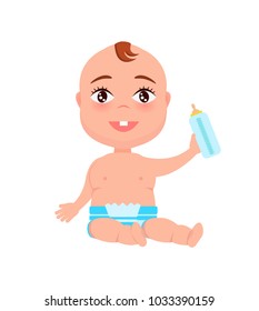 Happy infant in diaper holds bottle of milk in hand, nutrition food and drink for newborn vector illustration with little child isolated on white