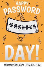 Happy input box celebrating Password Day with festive party, wearing a hat under confetti shower.