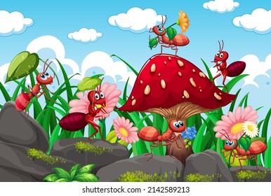 Happy insect in nature fairy tale scene illustration