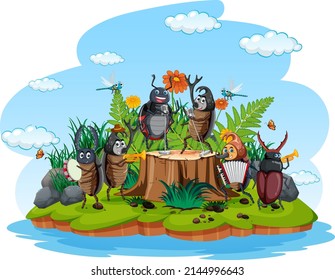 Happy insect in nature fairy tale scene illustration