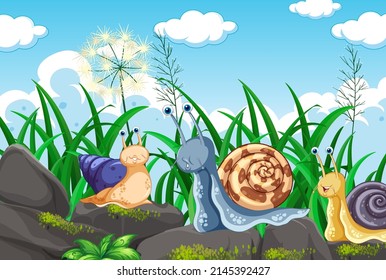 Happy insect in nature fairy tale scene illustration