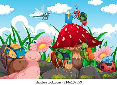 Happy insect in nature fairy tale scene illustration