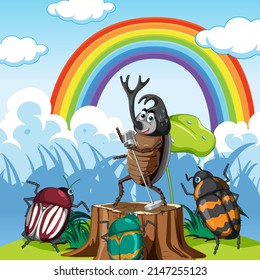 Happy insect in nature fairy tale scene illustration