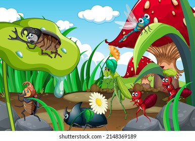 Happy insect in nature fairy tale scene illustration