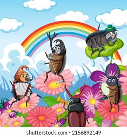 Happy insect in nature fairy tale scene illustration