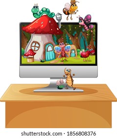 Happy insect on computer background screen illustration