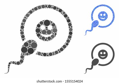 Happy insemination mosaic of filled circles in various sizes and shades, based on happy insemination icon. Vector filled circles are composed into blue collage.