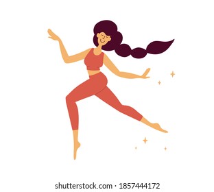 Happy inspired girl dancing enjoying life. Self care, love yourself, body positive. Confident woman moving flying gait. Athletic young lady flutters in stars. Female power. Freedom vector illustration