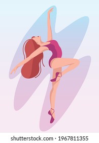 Happy inspired girl dancing, enjoying life. Self-care, self-love, positive body. Ballet dancer. Sporty young lady flutters. Musical active dance. Vector illustration