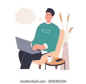 Happy inspired person dreaming and creating ideas while typing smth on laptop. Creative dreamy man thinking and imagining in thought bubble. Flat vector illustration isolated on white background