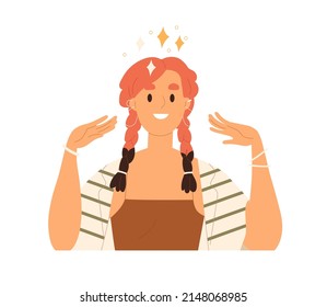 Happy inspired woman with ideas, insights. Excited positive creative person feeling inspiration, happiness, bliss. Enjoyment, love concept. Flat vector illustration isolated on white background