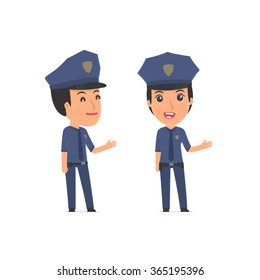 Happy and Intelligent Character Constabulary making presentation using his hand. for use in presentations, etc.