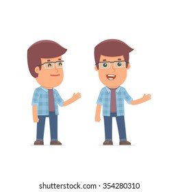 Happy and Intelligent Character Freelancer making presentation using his hand. for use in presentations, etc.